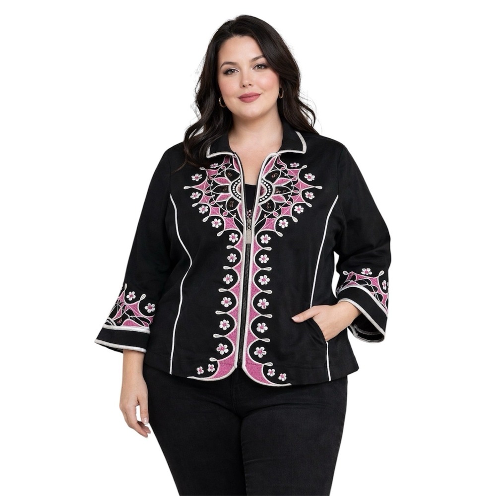 Bob Mackie Wearable Art Full Zip Jacket 1X Black‎ Pink Embroidery Cut Outs Artsy